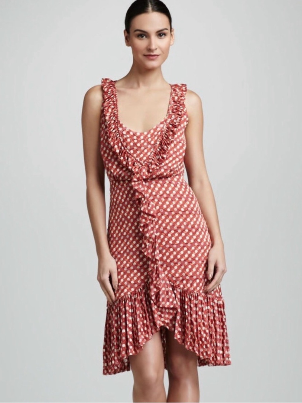 Tory Burch Janetta Polka Dot Ruffle Dress in Orange With Pleated Hem $550 Silk